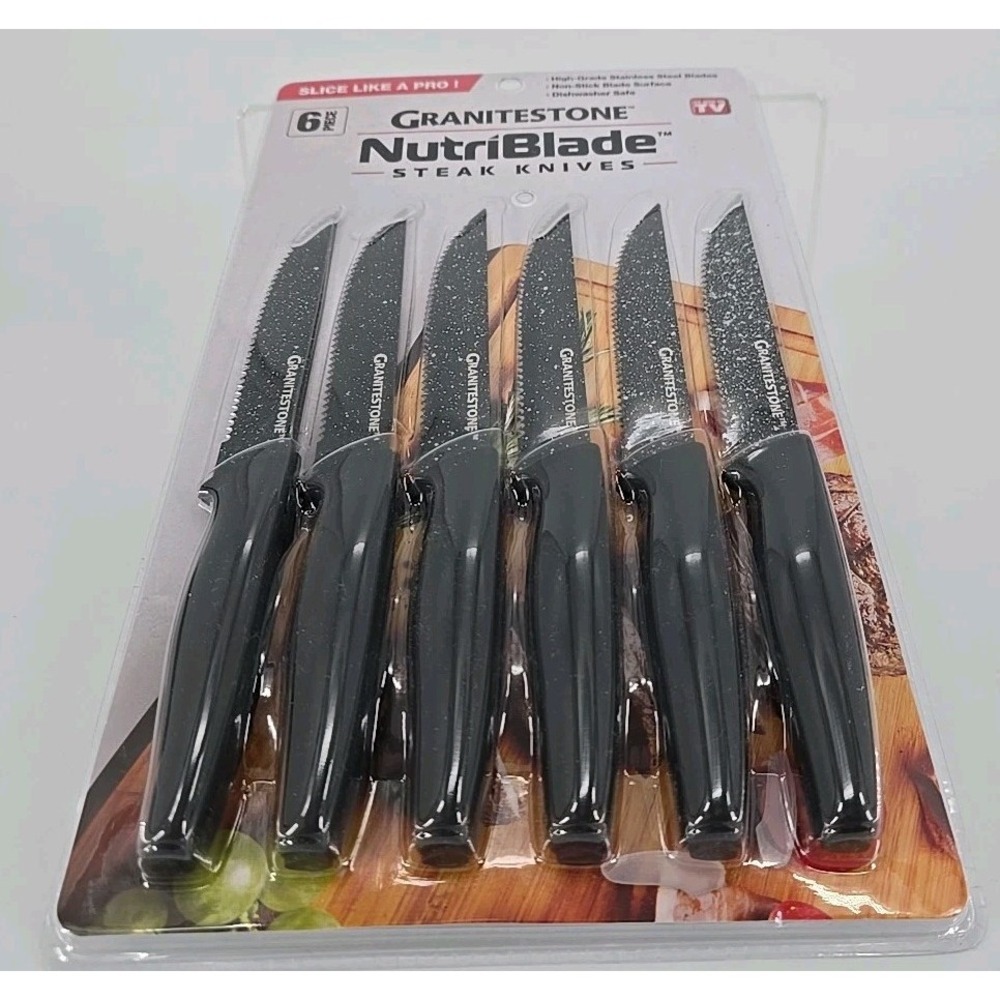 NEW Granitestone NutriBlade 6pc Stainless Steel Steak Knife Set Rust-Proof BLACK